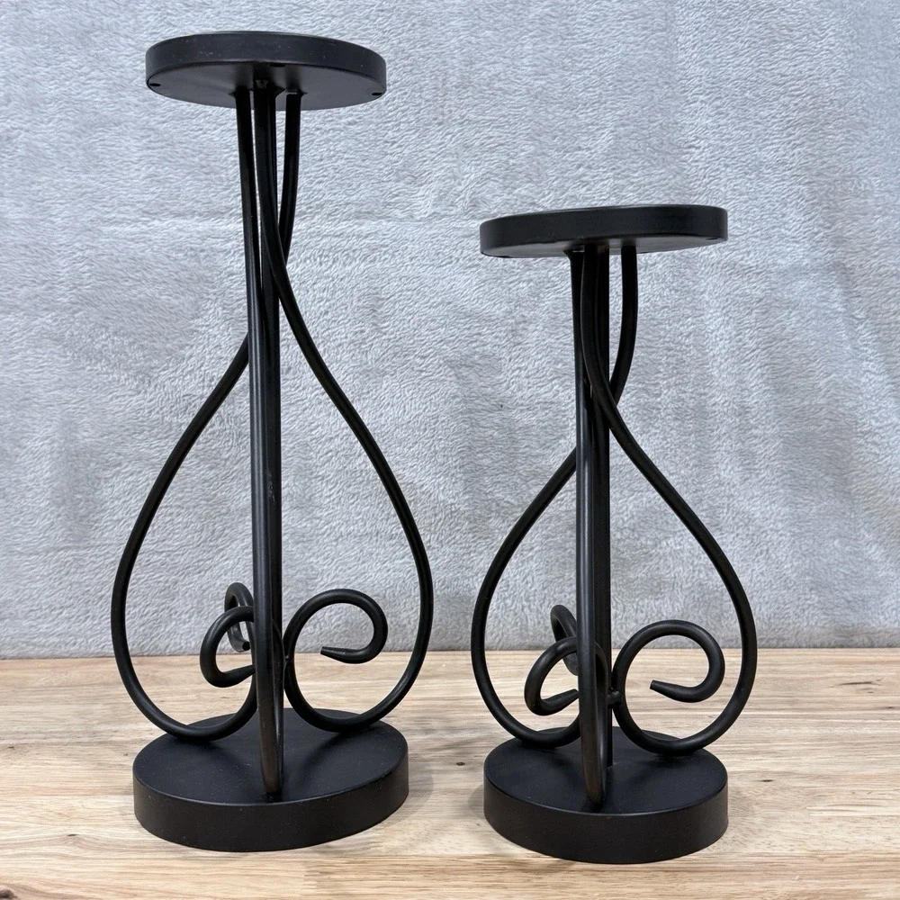 Black‎ Metal Pillar Candle Holders Set of 2 Tall 13.75
